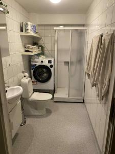 a bathroom with a toilet and a washing machine at Ås Sentrum Suite in Ås