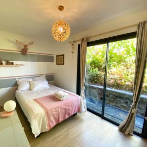 a bedroom with a bed and a large window at LA MAISON DES JADES in La Saline les Bains +19 photos