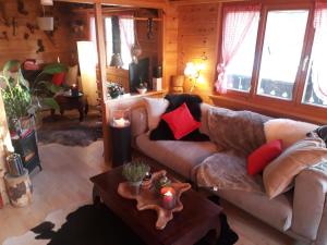 a living room with a couch and a table at Alp Chnorz Penthouse in Nesslau