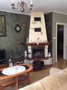 a living room with a fireplace and a table at Family House Gowidlino in Gowidlino