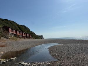 a rocky beach with houses on the shore at Branscombe Chalet on the Beach in Branscombe