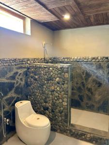 a bathroom with a stone wall with a toilet at Zimsa Resort Skardu in Skardu +82 photos