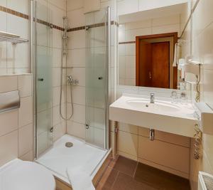 ein Badezimmer mit Waschbecken und Dusche in der Unterkunft Hotel Aragon in Ahrensfelde + 9 Fotos