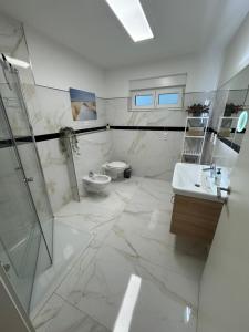 a bathroom with a shower and a toilet and a sink at Ferienwohnungen Wassergrundstück Malchow in Malchow +59 photos