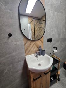 a bathroom with a sink and a mirror at Family House B in Witów