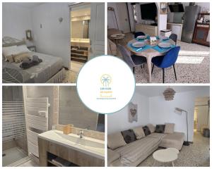 a collage of photos of a living room and a bedroom at La brise marine - proche de la mer in Valras-Plage
