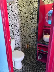 a small bathroom with a toilet and a sink at Vue Mer - appartement de charme - accès direct plage in Leucate-Plage +7 photos