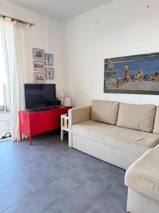 a living room with a couch and a flat screen tv at Vue Mer - appartement de charme - accès direct plage in Leucate-Plage