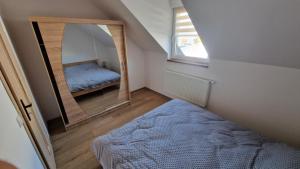 a bedroom with a mirror and a bed in it at Apartament nr 1 Pod Złotym Groniem in Istebna