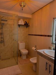 a bathroom with a shower and a toilet and a sink at Charming Bohemian hideaway in Marrakech in Marrakesh