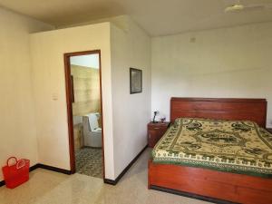a bedroom with a bed and a mirror at Mango Lodge in Aluthgama