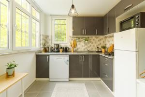 a kitchen with gray cabinets and a white refrigerator at Maison Istanbulite in Istanbul