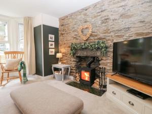 a living room with a fireplace and a tv at The Wonky Nest in Windermere