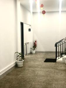 a hallway with three potted plants on a wall at Bless Red Hotels in Sintang