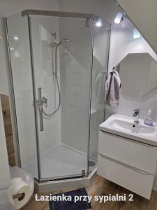 a bathroom with a shower and a sink at Dom na Ubocy in Groń +28 photos
