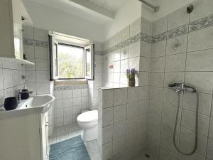 a bathroom with a shower and a toilet and a sink at Loukas house Paxos in Boïkátika +20 photos