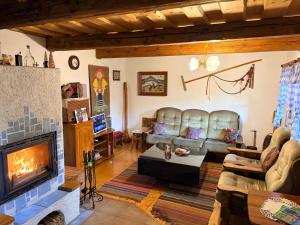 a living room with a couch and a fireplace at Drevenica pod Tlstou in Blatnica