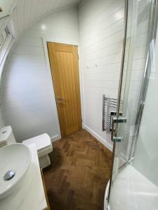 a bathroom with a toilet and a walk in shower at Dornoch Pods in Dornoch +22 photos