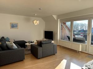 a living room with two couches and a television at Seewiefken 2 Dümmerblick in Lembruch