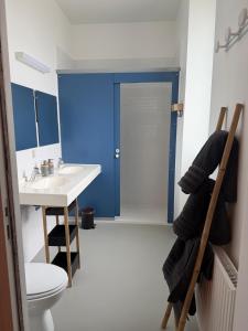 a bathroom with a sink and a toilet and a blue door at Les Terrasses du Rhône, Baix in Baix