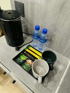 Eine Theke mit zwei Flaschen Wasser und einer Schüssel in der Unterkunft Ashid in Ulaanbaatar