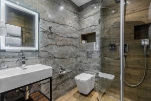 a bathroom with a shower and a toilet and a sink at Villa Elena SPA & Resort in Bukovel