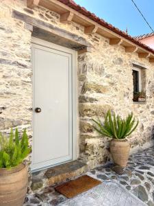 eine weiße Tür eines Steinhauses mit zwei Topfpflanzen in der Unterkunft Casa 5A - Refúgio Intimo e privado com design e pátio acolhedor in Oliveira do Mondego