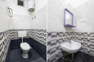 two pictures of a bathroom with a toilet and a sink at Via Neverland Residency in Pedappai