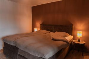 a bedroom with a large bed with two lamps at Appartement Wadpier in Buren