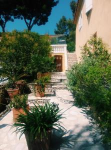 a garden with potted plants in front of a building at Studio rose in Cassis