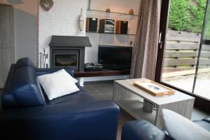 a living room with a blue couch and a fireplace at Heggerank 3A in Nieuwvliet