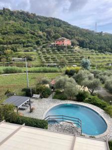a swimming pool in a garden with a house on a hill at Eucalipto in Sestri Levante