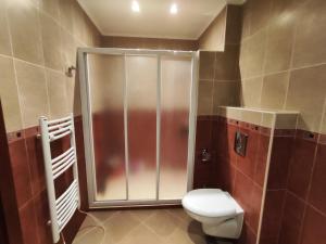 a bathroom with a shower with a toilet in it at Santa Marina Breeze - One bedroom apartment in Sozopol +10 photos