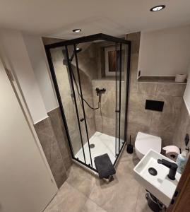 ein Badezimmer mit Dusche, Toilette und Waschbecken in der Unterkunft Sonneckalm in Berchtesgaden in Berchtesgaden + 127 Fotos