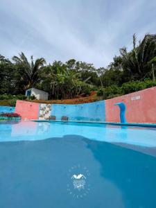 a swimming pool with blue water in front of a wall at Casarão Vale das Hortênsias in Bonito