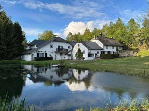 a house with a pond in front of it at Le Vieux Moulin Weywertz in Butgenbach