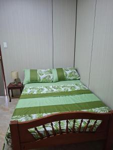 a bed with green sheets and pillows in a room at Nancy's Place in Caniton