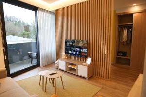 a living room with a couch and a television at Apartamento Mimosa Diseño Exclusivo in Ponteareas