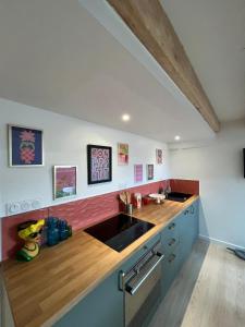 a kitchen with a sink and a wooden counter top at Le cocon des Sacres in Reims