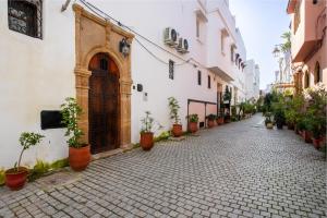 an alley with potted plants on the side of a building at Riad Jasmine in Rabat