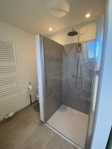 a bathroom with a shower with a glass door at The BEE Garden in Lede +28 photos