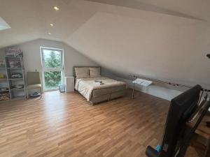 a bedroom with a bed and a television in it at Bright attic apartment with charm in Sargans +5 photos