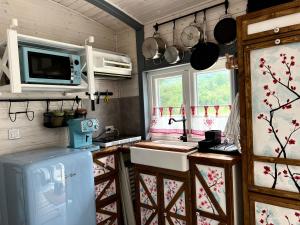 a small kitchen with a sink and a microwave at La Măgaru Tăvălit in Nucşoara