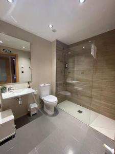 a bathroom with a toilet and a sink and a shower at Metsola Apartamentos Rurales in Isaba +53 photos
