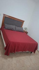 a bed with a red bedspread on top of it at Chacra Arcoiris in Gualeguay