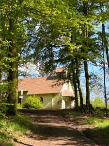 a house with a red roof in the middle of trees at Gîte la Chenevière in Étueffont