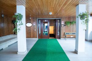 a hallway with a green carpet in front of a door at Eco Home - Val di Luce in Abetone