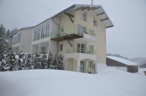 a building with snow in front of it at Le Repaire du Loup blanc in Prémanon