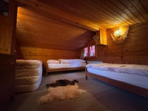 a room with two beds and a dog laying on the floor at Chalet in Niederwald in Niederwald