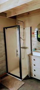 a bathroom with a shower and a glass door at 't Herenhoes in Neerpelt